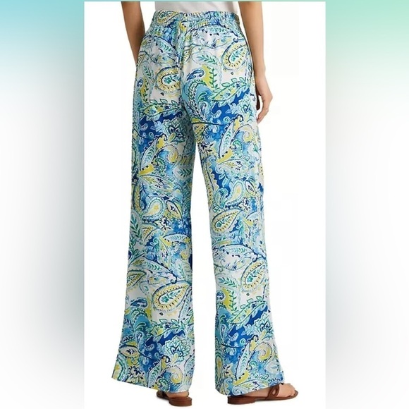 LAUREN RALPH LAUREN Medium Paisley Crepe Wide-Leg Pants Blue Multi yellow flowy - Picture 2 of 8
